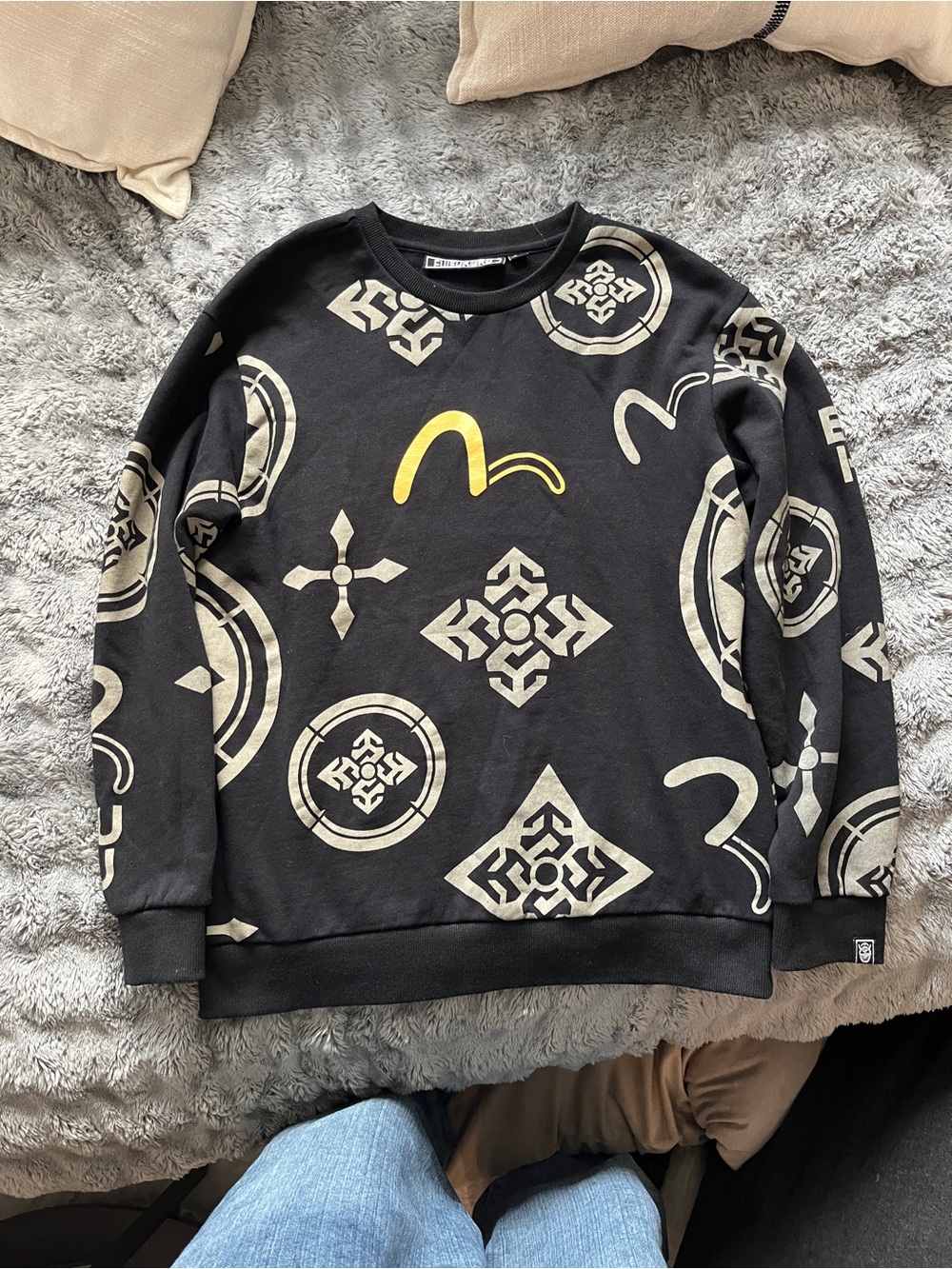 Evisu Black Crewneck Sweater with Cream and Yellow Graphic Motifs